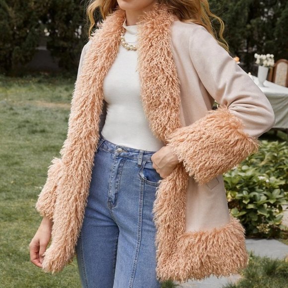 boho faux fur faux leather edge detailing coat jacket - Picture 3 of 12